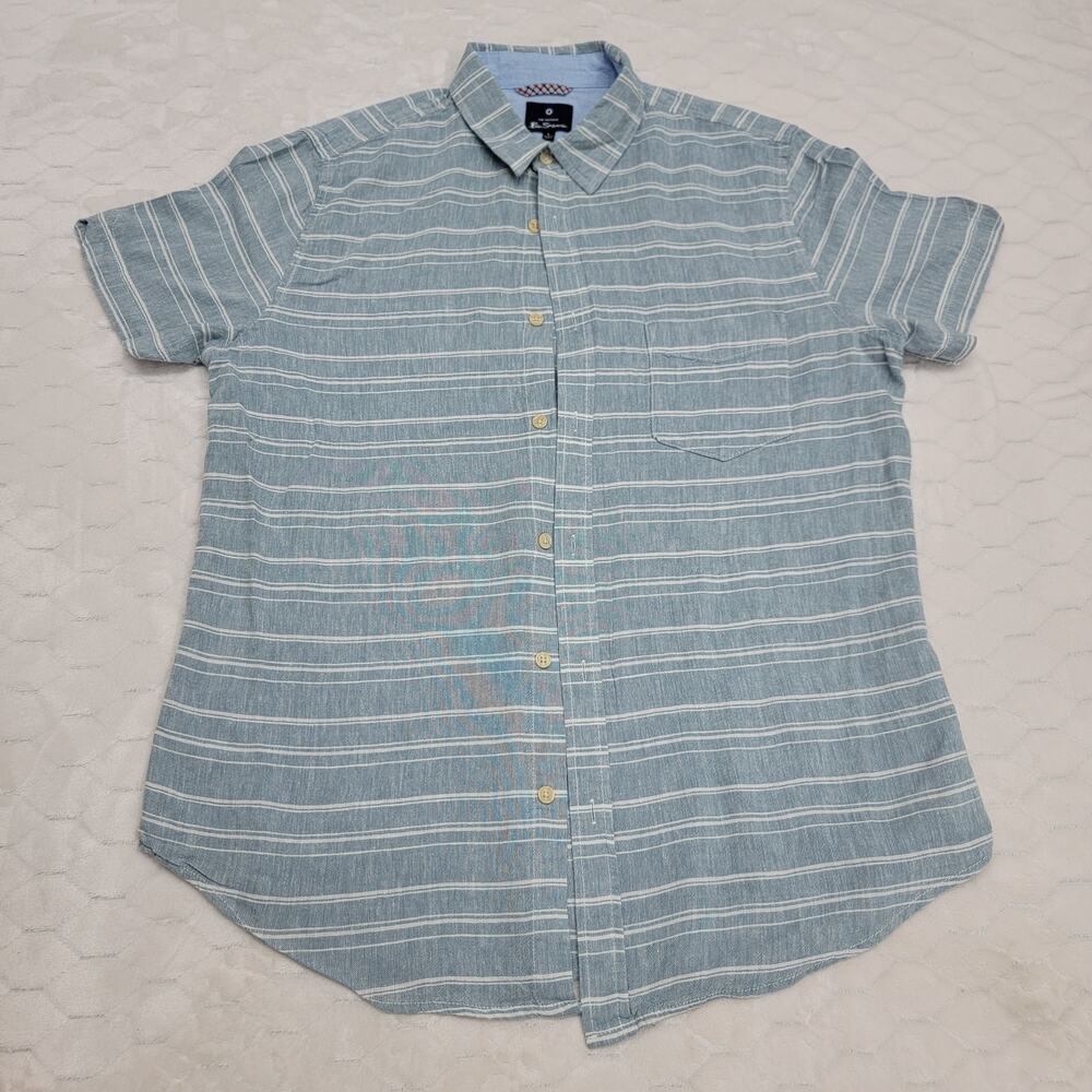 Ben Sherman Men's Large Blue Linen Blend Short Sleeve Pinstripe Button Down